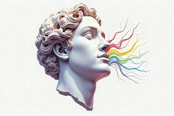 pastel weird hand drawn illustration of classical sculpture fragment of colossal head with psychedelic colorful lines flowing