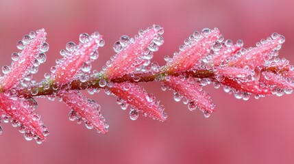 Close-up of a delicate pink plant stem, adorned with tiny, glistening water droplets