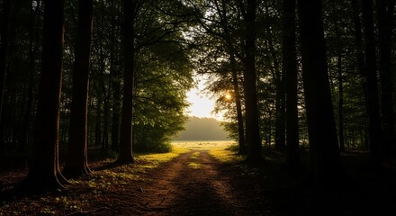 Fototapeta premium Sunlit forest path to freedom: Majestic trees create a hopeful, liberating walk