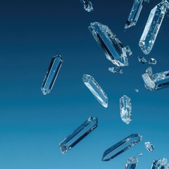 Shimmering Crystals Floating in Air with Soft Blue Background