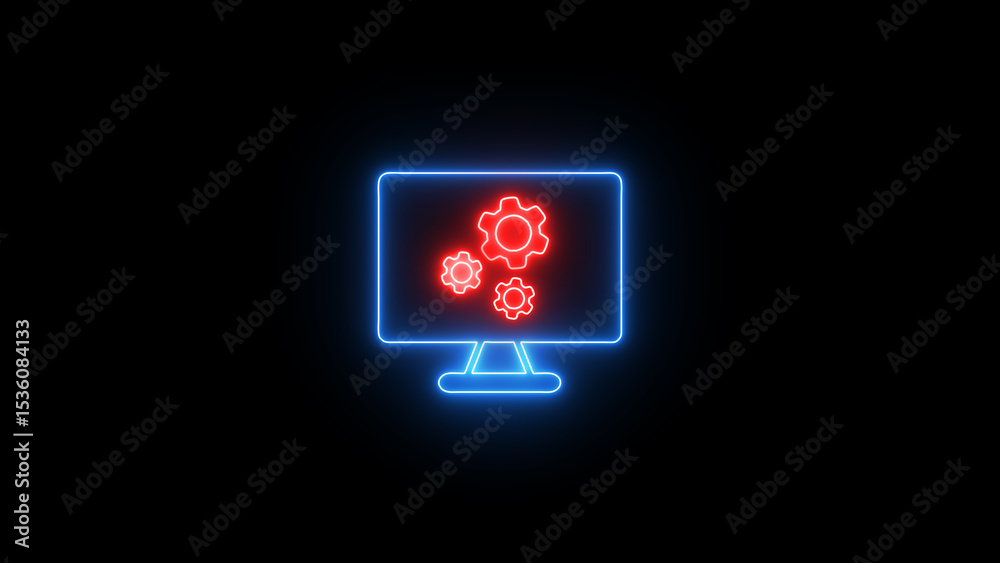 Poster neon computer screen with gear icons representing settings configuration and system setup on a dark 