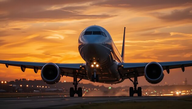 Airplane landing at dusk with vibrant orange sky and runway lights