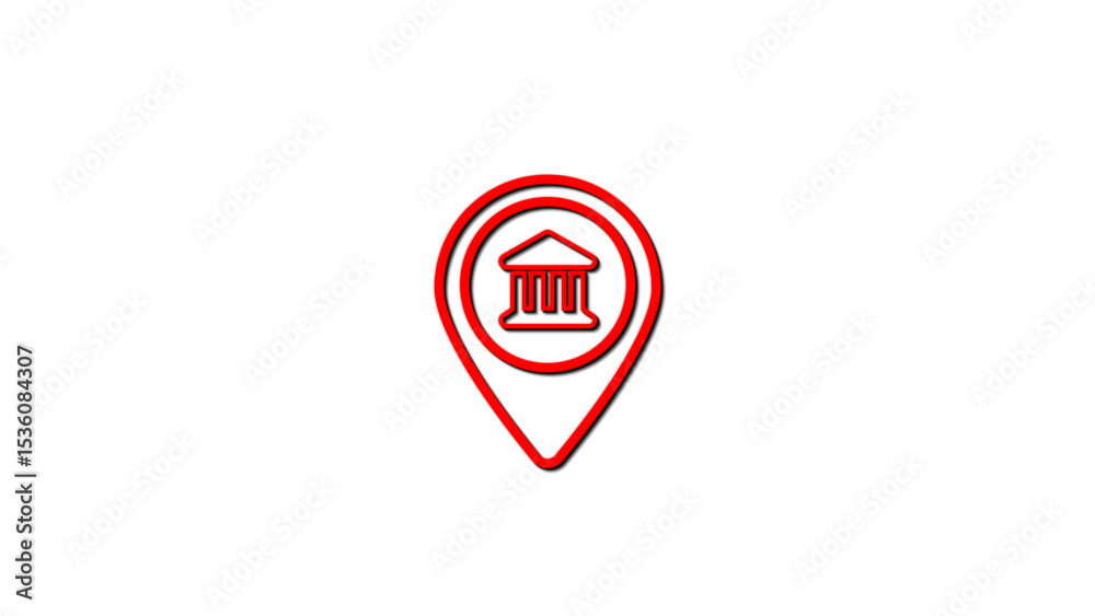 Poster red location marker icon depicting a courthouse building on white background suitable for maps and n