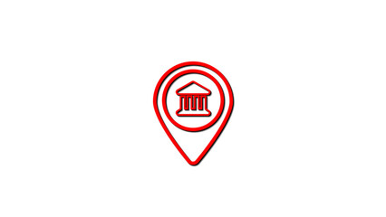 Red location marker icon depicting a courthouse building on white background suitable for maps and navigation applications