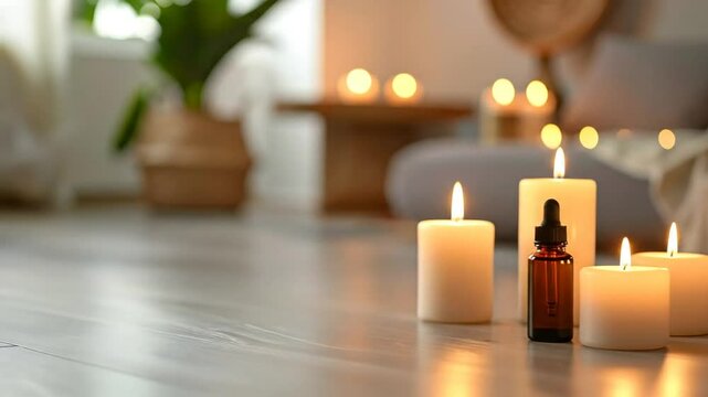 Relaxing ambiance with candles, essential oil, and a towel