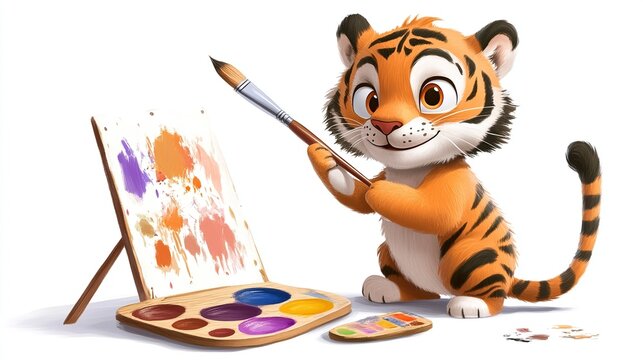 Cute tiger cub holding paintbrush, painting on easel - Powered by Adobe