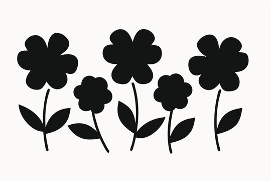 Simple Black Silhouette Flower Illustrations Set of Five Floral Designs