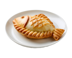 Fish shaped pastry dessert on white ceramic plate with golden brown crust isolated on transparent background
