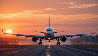Airplane on Runway at Sunset, Front View, Orange Sky, Preparing for Takeoff