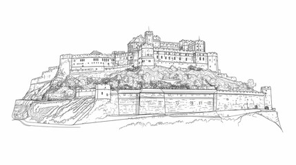 Hand-drawn sketch of a large castle on a hill.