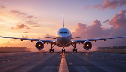 Airplane on Runway at Sunset with Pink Clouds and Glowing Engines