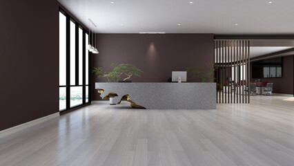 office front desk or receptionist room with wooden design interior