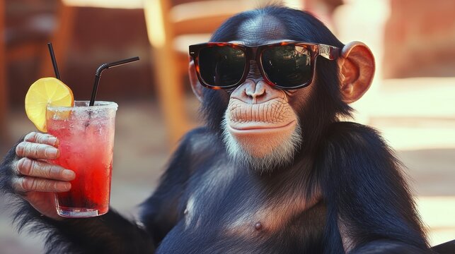 Cool chimpanzee enjoying a refreshing drink outdoors. - Powered by Adobe