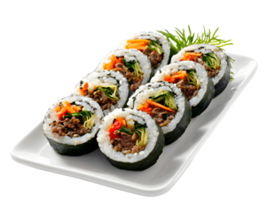Korean gimbap rolls with rice beef and vegetables wrapped in seaweed on white plate isolated on transparent background