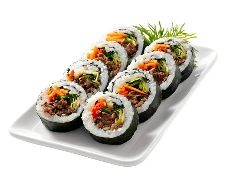 Korean gimbap rolls with rice beef and vegetables wrapped in seaweed on white plate isolated on transparent background