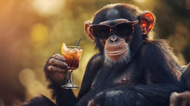 Cool chimpanzee wearing sunglasses enjoys a refreshing cocktail outdoors. - Powered by Adobe