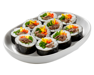Korean gimbap rolls with rice beef and vegetables wrapped in seaweed on white plate isolated on transparent background