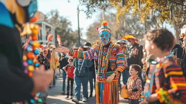 Colorful parade participant interacting with onlookers