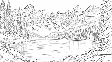 Fototapeta premium Lakeside scene with mountains and forest.