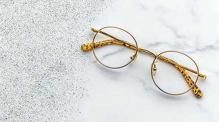 Gold-framed eyeglasses resting on a marble surface.