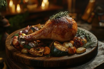 Close-up of a juicy turkey leg on a wooden platter, surrounded by 