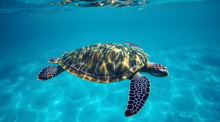A sea turtle glides gracefully through crystal-clear blue water, its shell reflecting the sunlight filtering from above. The aquatic scene captures the serene beauty of marine life