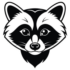 A minimalist raccoon head appears with cute eyes and a small snout in black and white