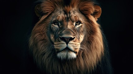 Fototapeta premium Majestic lion head close-up, dark background