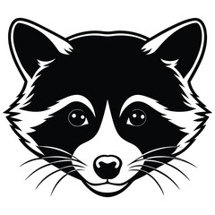 A raccoon's head shows a black and white face with whiskers design