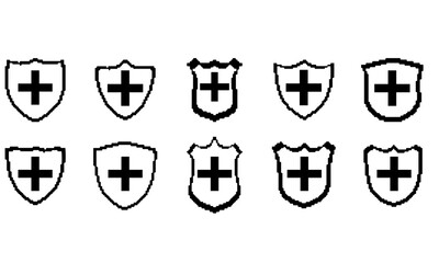 A collection of ten minimalist shield icons featuring cross symbols, rendered in black and white line art. Suitable for representing health, defense, protection, or medical features in games, apps