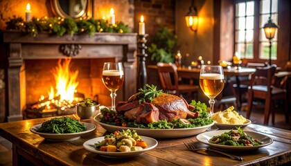 Fototapeta premium Cozy pub interior with Sunday Roast of lamb, mint sauce, greens, and ale on a wooden table near a fireplace. Warm candlelight and vintage ambiance create an inviting traditional British setting.