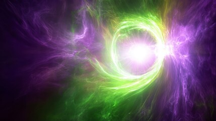 Glowing energy ring in vibrant purple and green nebula.