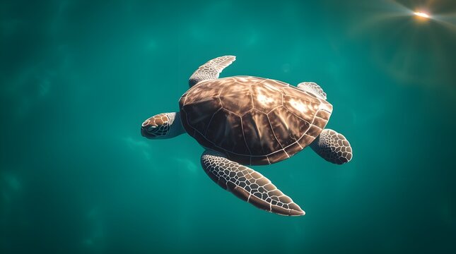A sea turtle glides gracefully through clear blue waters, illuminated by sunlight from above. The light creates intricate patterns on the turtle's shell, enhancing the serene ocean scene.