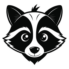 Stylized black and white raccoon face shows its distinct markings and simple, cute features