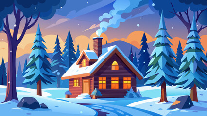 Fototapeta premium Cozy Snowy Cabin Vector with Pine Trees & Chimney Smoke