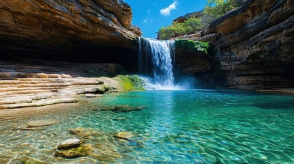 Naklejka premium Serene Waterfall Oasis: Crystal-Clear Pool and Majestic Cascade in a Rocky Canyon