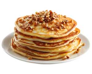 Stack of fluffy pancakes with maple syrup and chopped nuts served on white plate isolated on transparent background