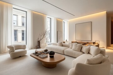 A spacious minimalist living room with a cream-colored sectional sofa, low coffee table, and large windows with sheer curtains creates a serene and inviting space bathed in natural light.