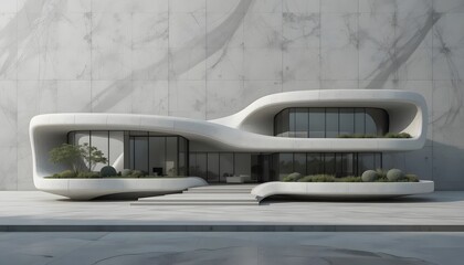 Obraz premium Futuristic architecture: A modern concrete house with curved lines and glass facade.