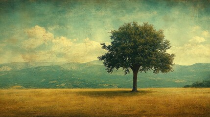Solitary tree on golden field, mountains beyond