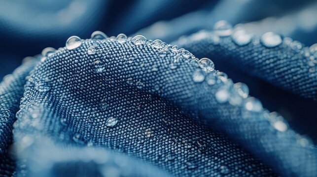 Close-up of textured, dark-blue fabric with water droplets