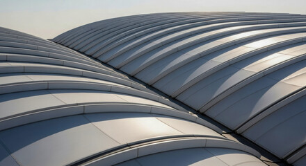 Fototapeta premium A close-up of a modern, curvilinear roof structure with light-colored panels and subtle shadows, showcasing architectural design.