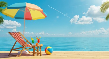 夏の入道雲とビーチチェアとパラソル
