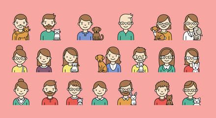 People and pets avatar line icons set. Vector illustration, editable stroke 
