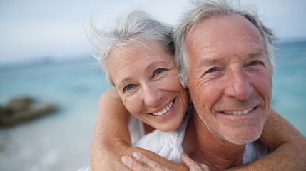 Happy Senior Couple Embracing at the Beach Loving Romantic Elderly Retirement Vacation Joyful Togetherness Smiling Elderly Man Woman Beachfront Idyllic Sunset Golden Hour sea sky  