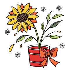 Vibrant Sunflower in a Pot with a Red Bow A Delightful Illustration