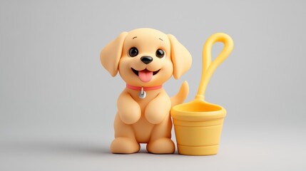 Adorable 3D Rendered Cartoon Puppy with Yellow Bucket