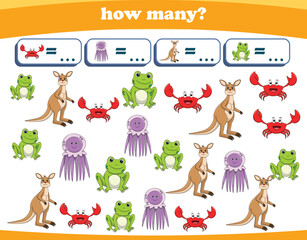 Counting game of wild animals for preschool kids. Printable. Vector Illustration