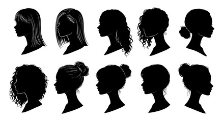 Woman heads in profile. Beautiful female faces profiles, black silhouette vector set 
