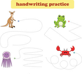 Handwriting Practice. Tracing lines for kids with animals. Vector Illustration